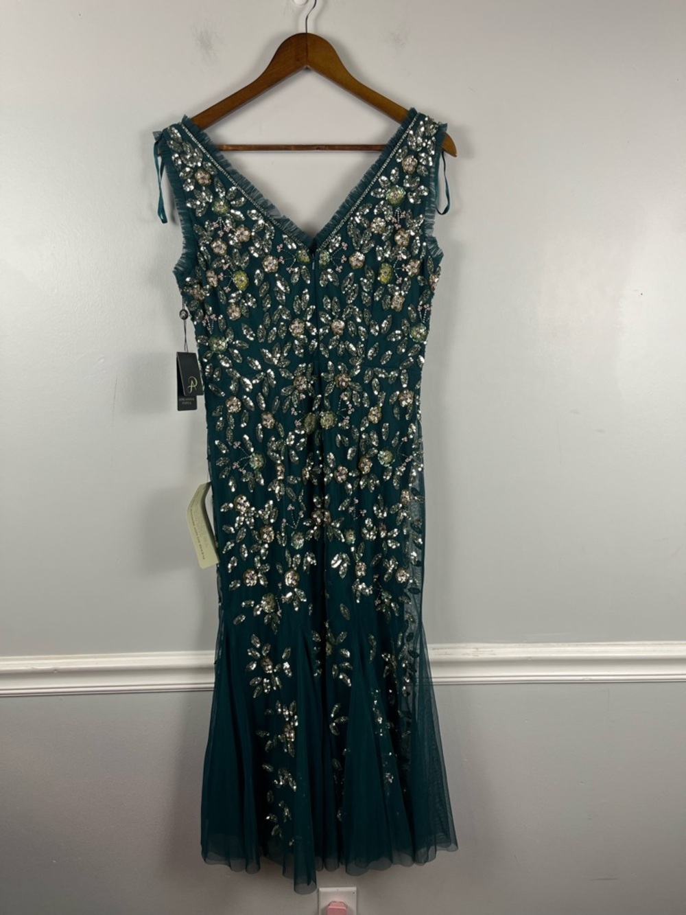 New Adrianna Papell Women's Embellished Ruffled Godet Dress green size 10 - Picture 9 of 10